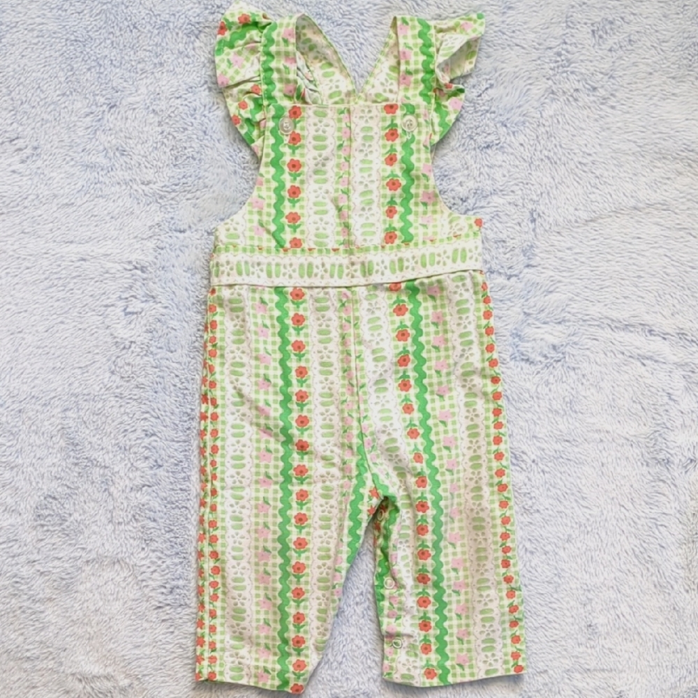 VTG 9M Ruffle Strap Jumpsuit Overalls 70s Gingham Floral Stripe Health-Tex